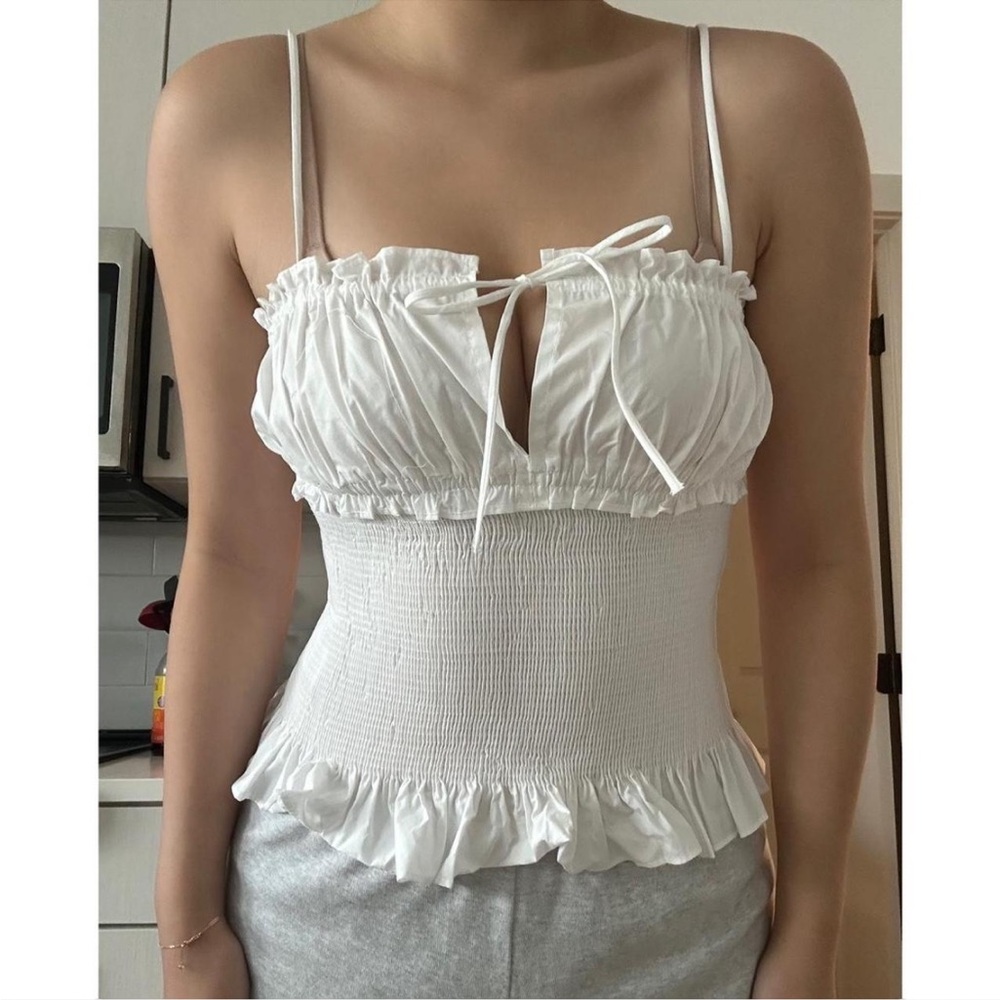 Zara White Smocked Ruffle Top